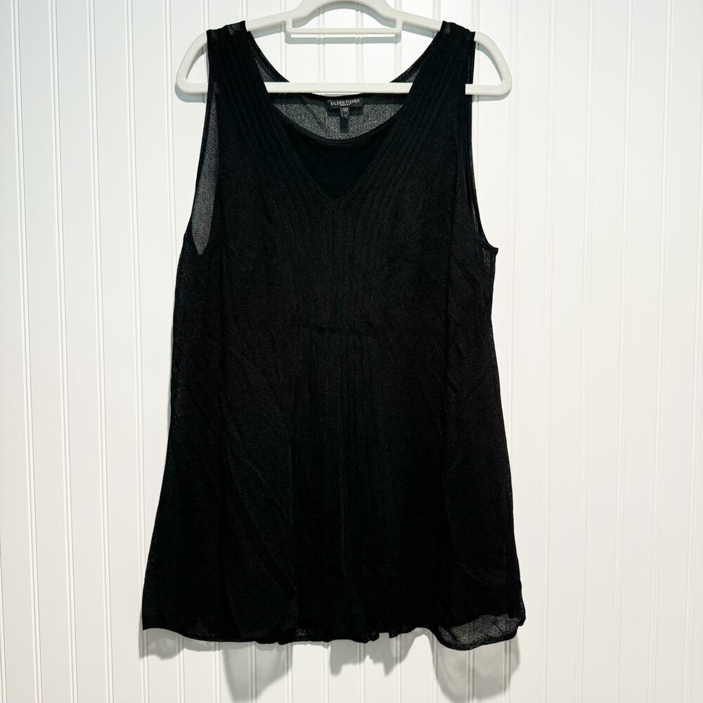 Eileen Fisher Black Pintucked Open Knit Sleeveless Top Silk Tank Liner Size 1X
